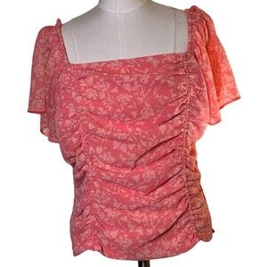 LUSH Pink STITCH FIX Floral Smocked Ruched Flutter  Sleeve Blouse Women's L NWOT
